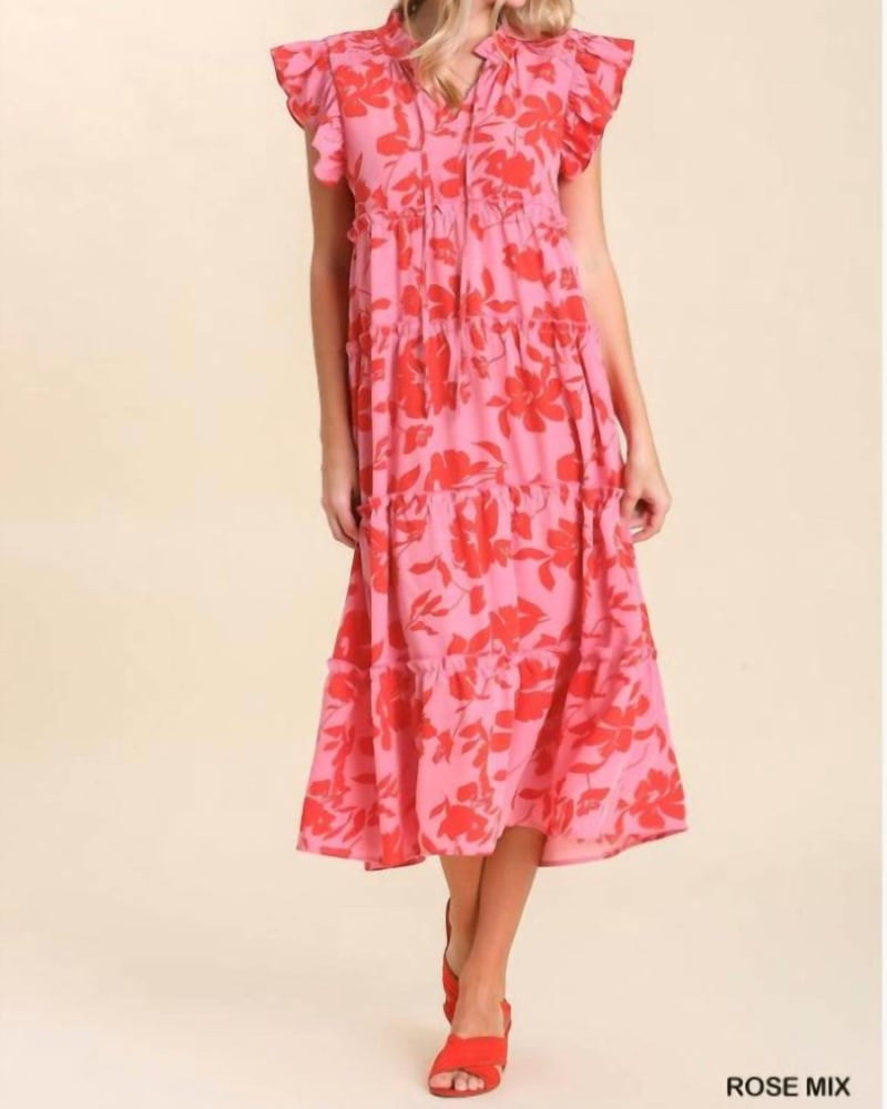 Front of a model wearing a size Large What Are You Doing To Me Maxi Dress In Rose Mix in Rose Mix by Umgee. | dia_product_style_image_id:346761